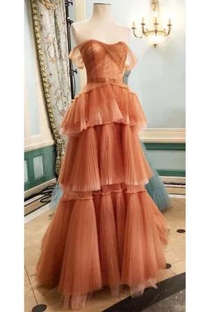 Off the Shoulder Tulle Tiered Long Prom Dress,  A Line Evening Gown UQP0205