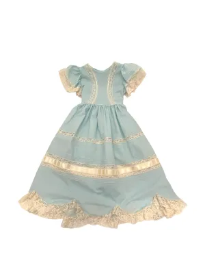 Treasured Memories Aqua Dress W/Ecru Lace & Ribbon Wide Ribbon Tie on Back of Dress S2831