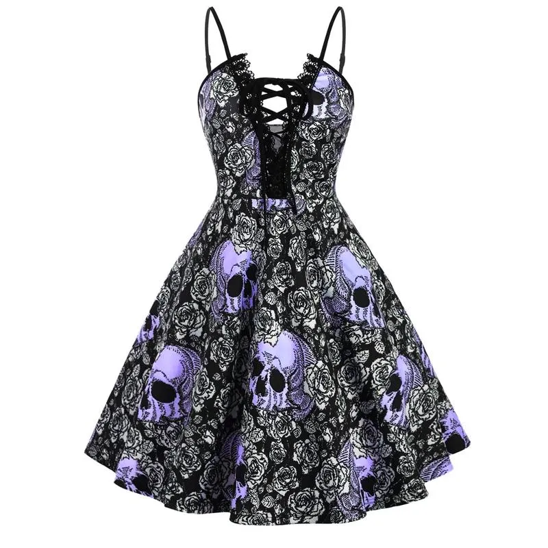 Women Fashion Dress Spaghetti Strap A-line Deep V Neck Skull Printing Halloween Dresses