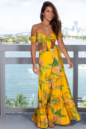 Yellow Printed Two Piece Skirt Set